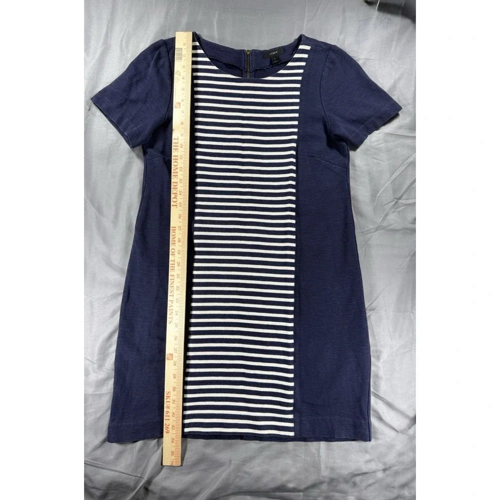 J. Crew Women's Size 8 Navy Blue Stripe Shift Dress Short Sleeve‎ Cotton Blend